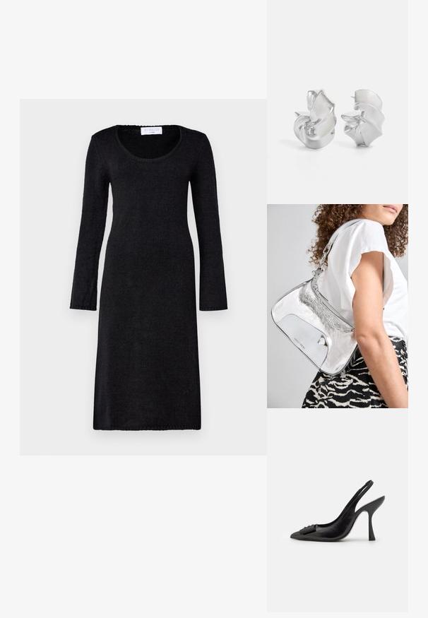 Black long-sleeve dress with a scoop neckline, made of textured knit fabric, featuring a straight cut and ribbed edges.; Black leather slingback shoe with a pointed toe, slim high heel, and a decorative bow accent. Smooth texture and sleek design.; Silver metallic shoulder bag with a smooth texture, curved design, chain strap, and a polished front panel featuring a subtle logo engraving.; Silver earrings with a flowing, spiral design. Smooth texture with a polished finish. Features a subtle sheen and no visible embellishments.