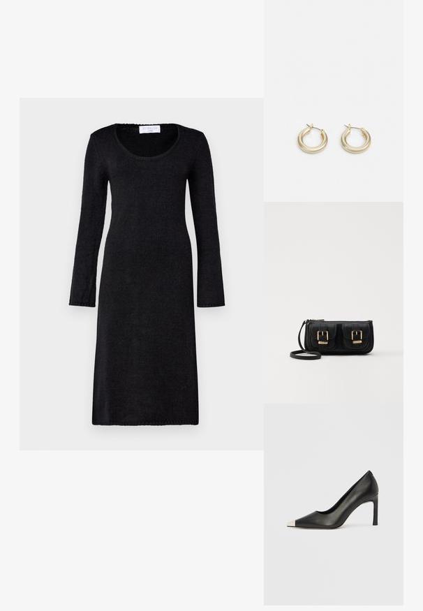Svart langermet kjole med rund hals, laget av teksturert strikket stoff, med rett snitt og ribbede kanter.; Svart lærsko med høye hæler, spiss tå og metallisk sølvhette. Har en glatt finish og en slank hæl på 10 cm.; Svart skinn crossbody veske med to frontlommer, gyldne spenner, glidelåslukking og en slank stropp. Teksturert overflate og kompakt rektangulær form.; Lauren Ralph Lauren BASIC SMALL HOOP - Øredobber - gold-coloured