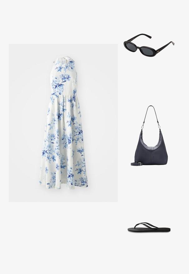 Weißes, ärmelloses Halterkleid mit blauem Blumenmuster, tailliert in der Mitte und einem fließenden knöchellangen Rock.; Schwarze Flip-Flops mit einer strukturierten Gummisohle, zwei schlanken Riemen und einem dezenten, geprägten Logo-Detail auf dem Riemen.; Schwarze, oversized Sonnenbrillen mit ovalen Gläsern, glattem Kunststoffrahmen und goldenen Akzenten an den Bügeln. Die dunklen Gläser bieten Sonnenschutz.; Dunkelblaues Leder-Crossbody-Bag mit abnehmbarem Schultergurt, silbernen Verschlüssen und dezentem vertikalem Logo-Detail in der Mitte vorne.