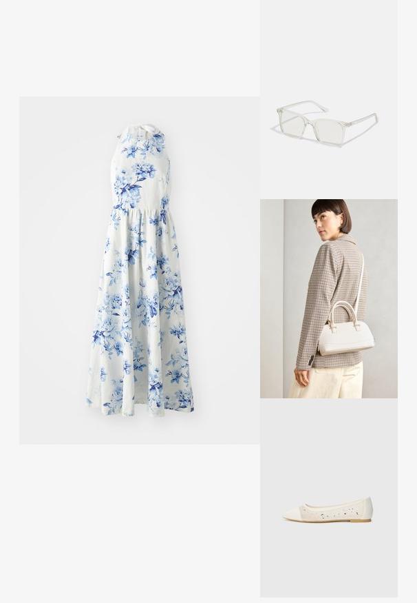 Hvit ermeløs halterkjole med blå blomstertrykk, tettsittende midje og flytende ankel-length skjørt.; Spiss tå ballettleestøvel i kremfarget skinn med gjennomsiktig overdel som har spredte rhinestones. Myk såle for komfort, minimalistisk design.; Klare plastiske briller med kvadratisk innfatning og gjennomsiktige linser, med gullfiner på brillestengene for ekstra detalj.; Hvit strukturert håndveske med korte håndtak og skulderreim, med detaljer i gullfinish og teksturert materiale, vist mot en grå bakgrunn.