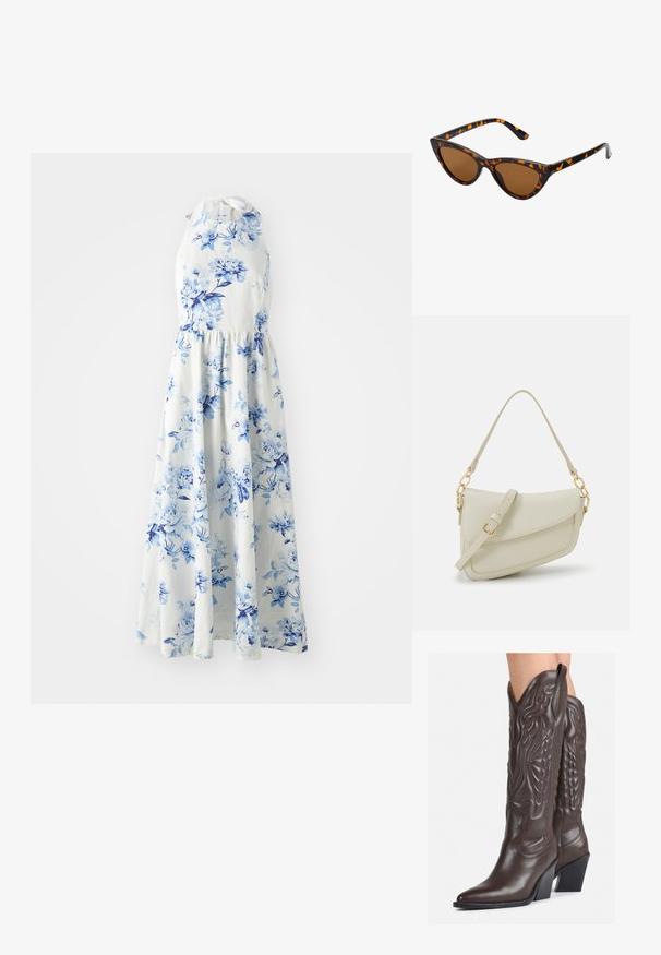Weißes, ärmelloses Halterkleid mit blauem Blumenmuster, tailliert in der Mitte und einem fließenden knöchellangen Rock.; Braune Leder-Cowboy-Stiefel mit spitzem Punkt und Blockabsatz, die über detaillierte Stickereien und hervorgehobene Akzente am Schaft verfügen.; Katzenaugen-Sonnenbrille mit einem schwarz-orangenen Schildpattrahmen, braunen Gläsern und schlanken, spitzen Enden. Verfügt über ein minimalistisches Logo am Bügel.; Kleine cremefarbene Handtasche mit strukturiertem Finish, einem langen verstellbaren Tragegurt, einem Kettenakzent und einem Klappenverschluss. Goldene Hardware-Details.