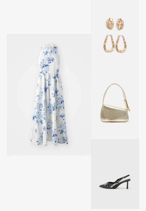 Balta bezpiedurkņu halter stila kleita ar zilu ziedu rakstu, pieguloša josta un plūstoša potīšu garuma svārki.; Melnā patentēta ādas sandale ar norādītu purngalu, potītes siksniņām ar sudraba sprādzēm un aparatūru, kā arī smalku papēdi.; Zelta metāla somiņa ar strukturētu dizainu, gludu tekstūru un regulējamu siksniņu. Iezīmējas ar unikālu trīsstūrveida formu un minimālistisku šuvumu.; Zelta krāsas auskari ar teksturētām, viļņotām formām. Iekļauts skulpturāls piespraužams modelis un atvērta gredzenveida konstrukcija ar izsistām virsmām.