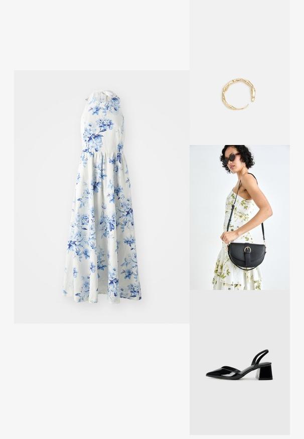Bela brezrokavna halter obleka z modrim cvetličnim vzorcem, oprijet pas in tekoča krila do gležnjev.; Črne lakirane slingback pete s koničastim nosom in geometrijsko blokasto peto. Imajo eleganten, minimalističen dizajn in gladko teksturo.; Črna usnjena torbica s ukrivljeno obliko, z odstranljivo naramnico in zlatimi dodatki. Torbica ima pokrov s podrobnostmi v obliki zaponke.; Zlati prstan s organskim, zvitim dizajnom, gladko površino in taperiranimi konci, ki ustvarja modernega, skulpturalnega videza.