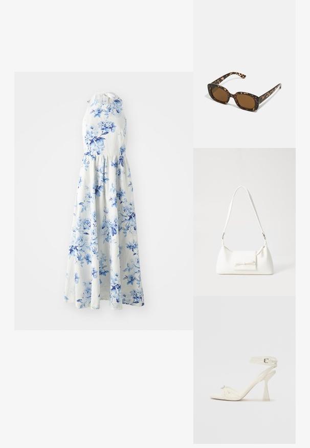 Vit ärmlös halterklänning med blå blommönster, figurnära midja och flödande ankellång kjol.; Remmar högklackad sandal i vitt läder med en elegant design, en genomskinlig blockklack och en dekorativ detalj vid tån.; Sköldpaddsmönstrade solglasögon med en rund, kraftig ram och bruna linser. Har subtila mönster och raka, avsmalnande skalmar.; Vit syntetisk handväska med triangulär form, platt framklaff och rosettdetalj, justerbar rem, slät textur och minimalistisk design.