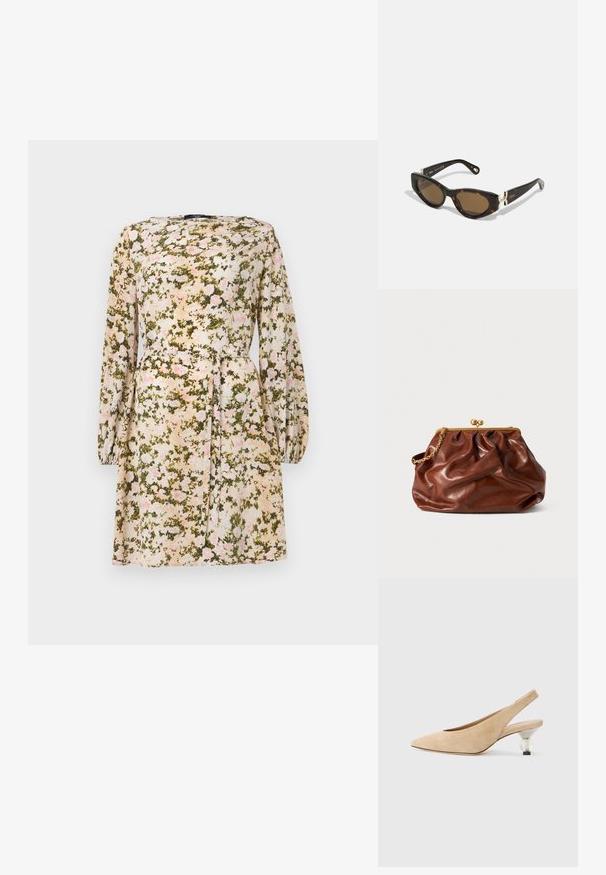 Květinové šaty z lehké tkaniny s krémovým podkladem a růžovým a zeleným květinovým vzorem, s dlouhými rukávy a detaily v pase na zavazování.; Béžová semišová slingback obuv s špičatou špičkou a průhledným, zakulaceným podpatkem. Hladká textura a minimalistický design.; CHLOÉ Sluneční brýle - havana-brown; Hedvábný šátek s krémovým pozadím a květinovými vzory v zelené a oranžové barvě. Rámovaný vzorovaným okrajem se zelenými akcenty.; Hnědá kožená psaníčko s pozlaceným zapínáním a krátkým pozlaceným řetízkem, s jemně nařasenou texturou na bílém pozadí.