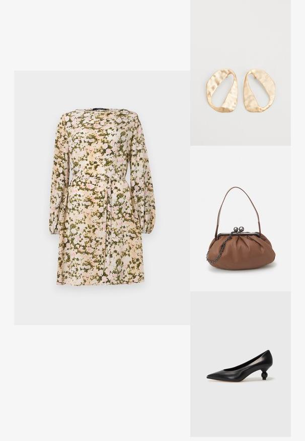 Floral dress in lightweight fabric, featuring a cream base with pink and green floral pattern, long sleeves, and a tied waist detail.; Black leather high heel shoe with a pointed toe and a round, balled heel. Smooth texture with a sleek, minimal design.; Brown leather handbag with a gathered design, a short leather handle, and a chain strap. Features a silver metal clasp with two round accents.; Pair of irregular oval-shaped gold-toned metal earrings with a textured, slightly hammered surface on a white background.