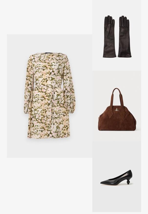 Blomsterkjole i let stof med en cremefarvet baggrund og pink samt grønne blomsterprint, lange ærmer og en detaljeret talje med bindebånd.; Sort læder høje hæle med spids tå og rund, kugleformet hæl. Glat tekstur med et stilrent, minimalistisk design.; Brun suede håndtaske med en struktureret form, rund krop og forlængede diamantformede håndtag. Har en hardwarelukning i sølv.; WEEKEND MaxMara SENAPE - Handsker - nero