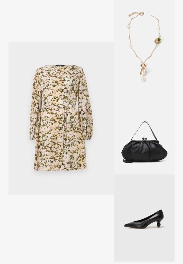 Kerge kangast lilleline kleit, millel on koorevärvi baaspind, roosa ja rohelise lillemustriga, pikad varrukad ning nööritud vöödetail.; Must musta kõrge kontsaga king, millel on terav nina ja ümar, pallikujuline konts. Sile pind ja elegantne, minimalistlik disain.; Must mustrida nahk-kott ümmarguse, kortsunud disainiga. Varustatud metallist klambriga, millel on kaks dekoratiivset palli ja õhuke, eemaldatav rihm.; Kuldne kaelakee keerutatud linkidega, valgete pärlitega ja rohelise kivi aktsendiga. Omab keerukaid detaile ja klambrit kinnitamiseks.