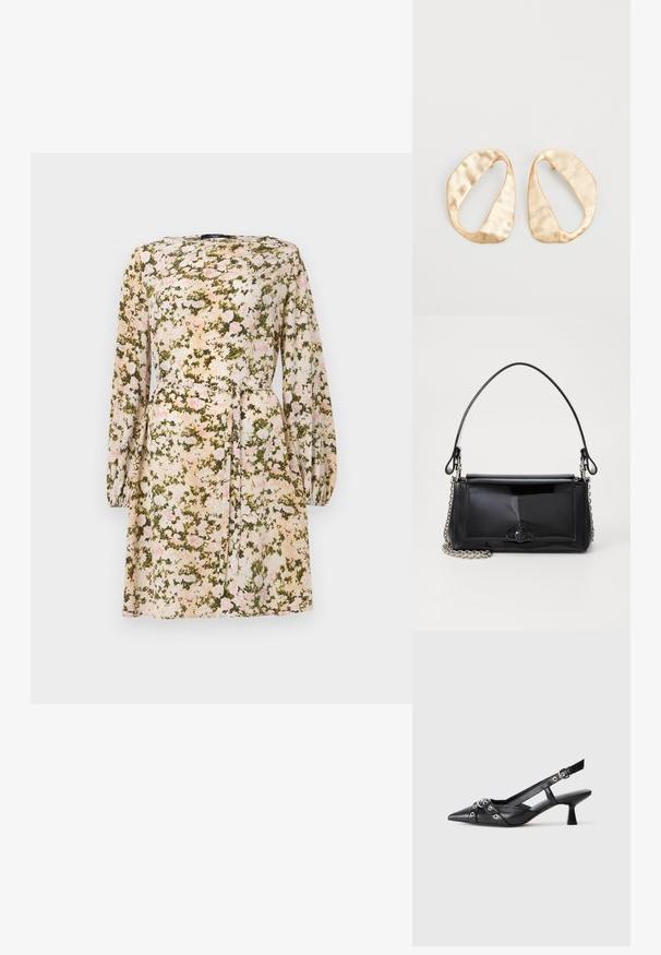 Floral dress in lightweight fabric, featuring a cream base with pink and green floral pattern, long sleeves, and a tied waist detail.; Black leather slingback shoe with a pointed toe, decorative straps featuring metal eyelets, and a low block heel. Textured surface.; Black patent leather handbag with a rectangular shape, chain strap, and a distinctive hardware accent in the center. Smooth texture.; Pair of irregular oval-shaped gold-toned metal earrings with a textured, slightly hammered surface on a white background.