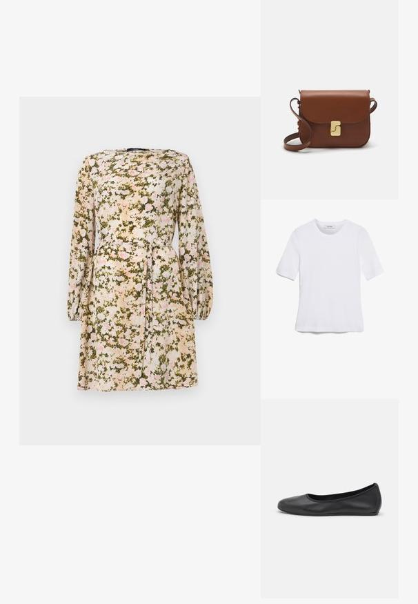Floral dress in lightweight fabric, featuring a cream base with pink and green floral pattern, long sleeves, and a tied waist detail.; White short-sleeve t-shirt made of ribbed fabric. Round neckline, regular fit, and subtle stitching details. No patterns or graphics.; Black leather ballet flat with a rounded toe, smooth texture, minimal stitching detail, and a flexible sole design.; Brown leather handbag with a flap closure, gold-tone hardware, a shoulder strap, and a smooth texture. Compact rectangular shape.