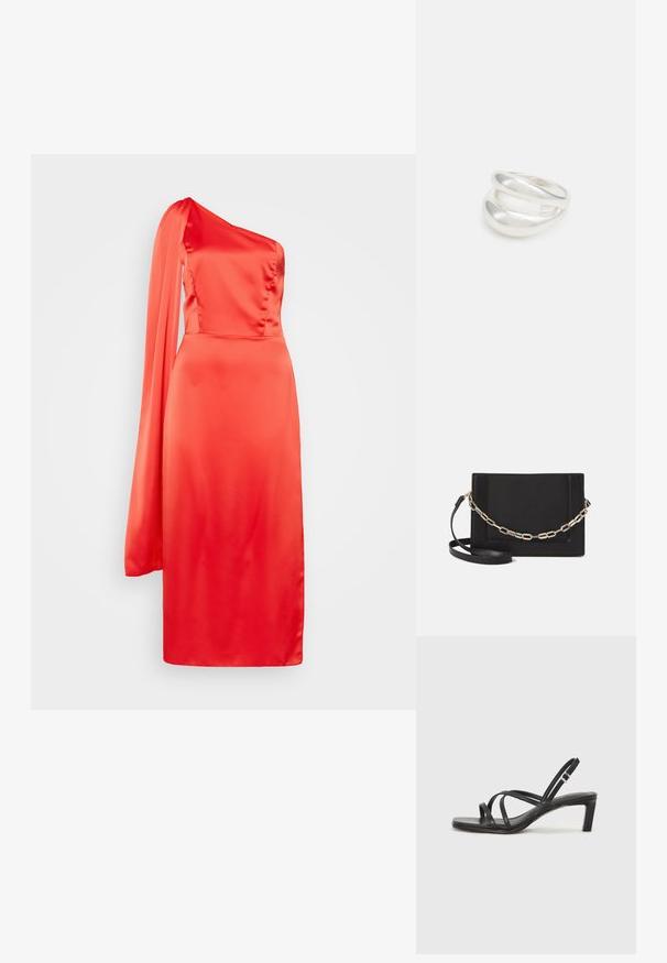 Abito in raso rosso a spalla sola con corpetto aderente e manica lunga fluttuante. Tessuto liscio con orlo a ginocchio, design minimalista.; Sandalo nero con cinturini, dalla punta squadrata e tacco basso a blocco. Presenta diversi cinturini sottili e una cinturini regolabile alla caviglia. Realizzato in pelle liscia.; Borsa a tracolla nera in pelle con una texture liscia, forma rettangolare e dettaglio in catena metallica sul davanti. Inclusa una tracolla regolabile.; Anello doppio in argento con superficie liscia e lucida. Presenta un design fluido e curvo con sezioni sovrapposte per un aspetto moderno.