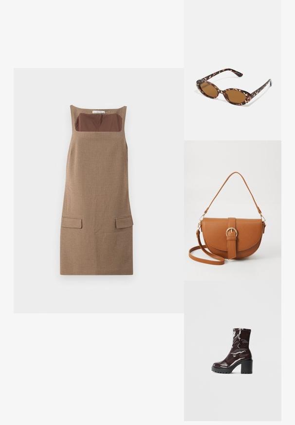 Pruunide ruutudega voodri ja kinnitusega suvekleit, millel on ruudukujuline kaelus, pruuni tahke kangaga sisetükid ning kaks eesmist taskut.; Klakav läikiv burgundi värvi pahkluu saabas, millel on paks must konts, sile tekstuur ja lihtne disain. Nähtavad kinnitused või mustrid puuduvad.; Kilpkonnakilbi stiilis prillid ovaalsete läätsedega, pruunide toonidega, õhukeste kätega, millel on tekstureeritud muster, kerge plastmassraam.; Pruun nahast õlakott, millel on kumer kuju, kullavärvi riistvara ja pandlaga kaunistus. Omab eemaldatavat õlarihma.