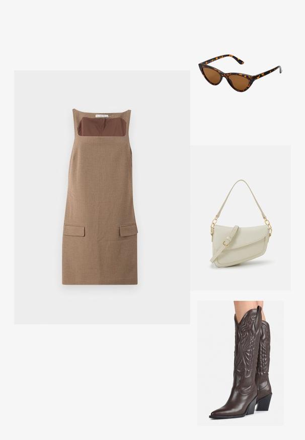 Smeđi haljina bez rukava s kariranim uzorkom, s kvadratnim izrezom, koja ima smeđi čvrsti umetak i dva prednja džepa.; Smeđe kožne kauboj čizme s šiljastim vrhom i blok-potpeticom, s detaljno izvezenim šavovima i uzdignutim naglascima na okovu.; Sunglasses u obliku mačjih očiju s okvirom u crno-narančastom kornjačevom uzorku, smešnim lećama i elegatnim, šiljastim vrhovima. Sadrži minimalni logo na dršci.; Mala krem torbica s teksturiranim finišom, dugačkim podesivim remenom, lančanim detaljem i preklopom. Zlaćani hardver.