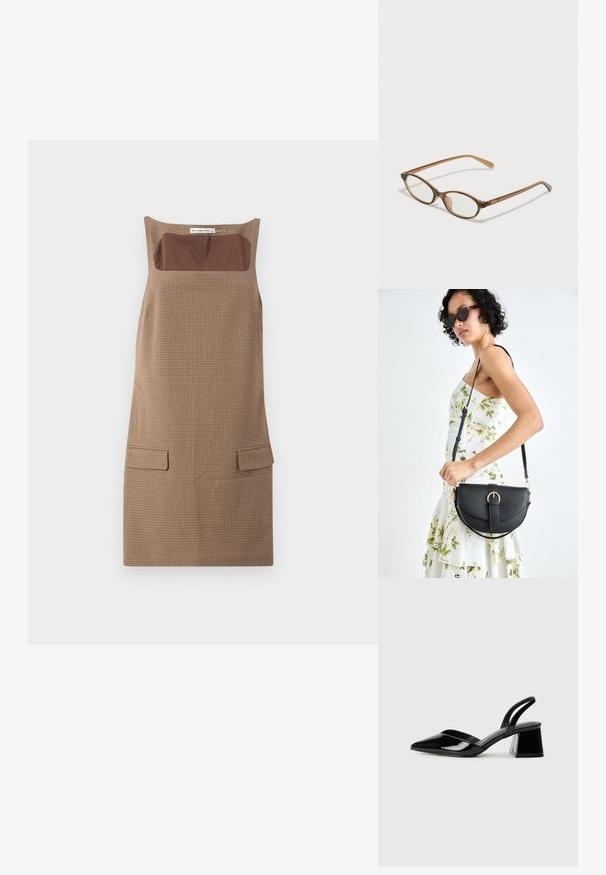 Robe sans manches à motif écossais brun avec un décolleté carré, présentant une insertion en tissu uni brun et deux poches frontales.; Escarpins en cuir verni noir avec bout pointu et talon bloc géométrique. Présente un design élégant et minimaliste ainsi qu'une texture lisse.; Lunettes en écaille de tortue marron avec des verres ovales, des branches fines et des accents transparents. Présente un logo subtil sur la branche. Design élégant et léger.; Sac à main en cuir noir avec une forme courbée, bandoulière amovible et des accessoires en or. Le sac est doté d'un rabat avec un détail de boucle.