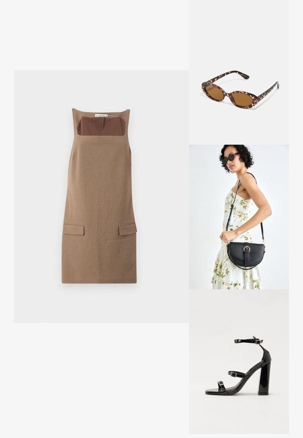 Braunes kariertes ärmelloses Kleid mit quadratischem Ausschnitt, das einen Einsatz aus braunem einfarbigem Stoff und zwei vordere Taschen aufweist.; Schwarze patentierte Sandalen mit Absatz, quadratischer Spitze, Knöchelriemen und silbernen Schnallen. Mit einem stabilen Blockabsatz für mehr Stabilität.; Sonnenbrille aus Schildpatt mit ovalen Gläsern, braun getönt, dünnen Bügeln mit strukturiertem Muster, leichtem Kunststoffrahmen.; Schwarze Lederhandtasche mit geschwungener Form, abnehmbarem Tragegurt und goldenen Beschlägen. Die Tasche verfügt über einen Deckel mit einer Schnallen-Details.