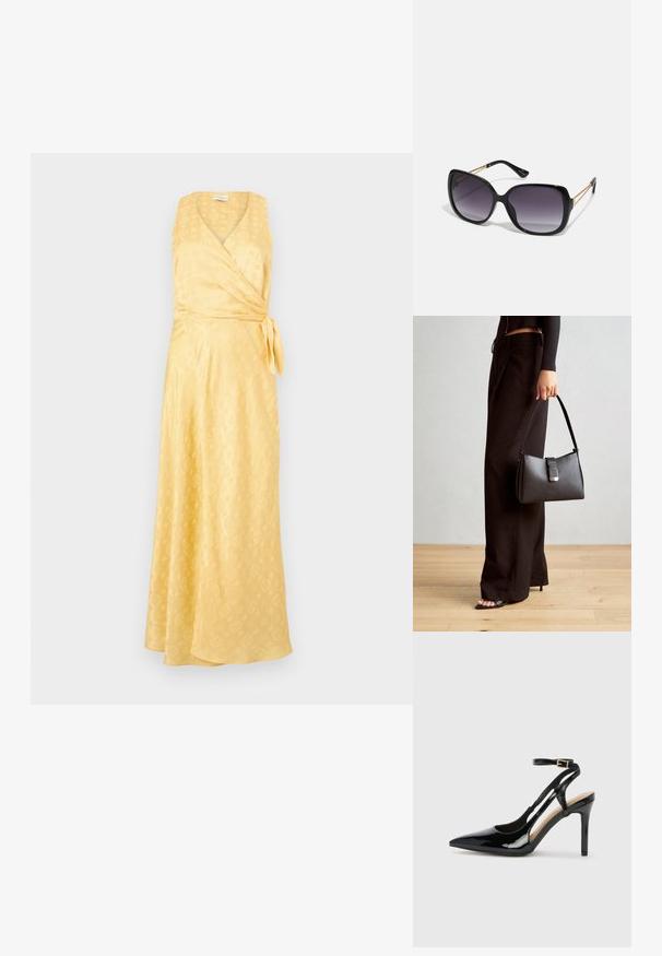 Abito avvolgente giallo realizzato in tessuto morbido, caratterizzato da un scollo a V, senza maniche e una cintura da annodare. Leggera texture a motivo su tutta la superficie.; Scarpa con tacco alto in vernice nera, cinturino alla caviglia regolabile e punta affilata, con lati aperti. Texture liscia.; Occhiali da sole neri oversize con lenti sfumate, montatura spessa e dettagli in catena dorata sulle astine.; Borsa nera con forma strutturata, texture liscia e una chiusura metallica. Abbinata a pantaloni neri larghi e sandali open-toe su un pavimento in legno.