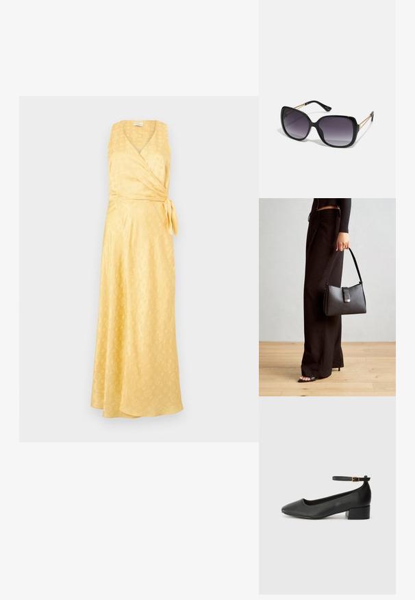 Rochie galbenă dintr-un material fin, cu decolteu în V, fără mâneci și cu o curea de legat. Textură subtilă modelată pe întreaga suprafață.; Pantof cu toc negru din piele, cu vârf ascuțit și toc mic pătrat. Dispune de o curea la gleznă cu o cataramă în tonuri de aur. Textură netedă.; Ochelari de soare negri, supradimensionați, cu lentile degradate, rame groase și detalii cu lanț de ton auriu pe brațele templului.; Genți negre cu o formă structurată, textură netedă și un închizător metalic. Asortată cu pantaloni negri largi și sandale cu vârf deschis pe un podea din lemn.