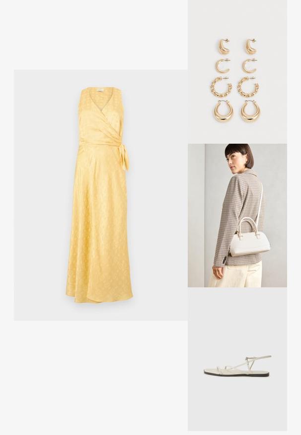 Geltona suknelė, pagaminta iš lygaus audinio, su V formos iškirpte, be rankovių ir juosmens diržu. Subtilus raštuotas paviršius visame gaminyje.; Bežiniai plokšti sandalai su keliais lieknais dirželiais ir reguliuojamu užsegimu. Padas plokščias, su lengvu tamsiu kontrastu krašte.; Balta struktūruota rankinė su trumpomis rankenomis ir peties diržu, su auksinėmis detalėmis ir tekstūruota medžiaga, pastatyta prieš pilką foną.; Penkių auksinių auskarų rinkinys, pasižymintis įvairiais dizainais: suktos, briaunotos ir lygios paviršiai, kilpos ir pusmėnulio formos.