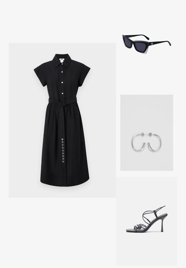 Juoda marškininė suknelė trumpomis rankovėmis, su diržu liemenyje ir sidabro spalvos aklėmis palei šoną. Lygus audinio tekstūra.; Juodos aukštakulnės sandalai pasižymi plonyčiais dirželiais su mazgo dizainu, lygiu kvadratiniu pirštu ir elegantišku stiletto kulnu.; Juodos didelės saulės akinių su geometrine forma, turinčiais tamsius objektyvus ir kontrastingą pilką detalę ant rėmelio. Logotipas ant šalon.; Sidabriniai lankelio formos auskarai su lygiu, blizgiu paviršiumi, išlenktos formos ir su užsegimu. Minimalistinio dizaino su moderniu apdaila.