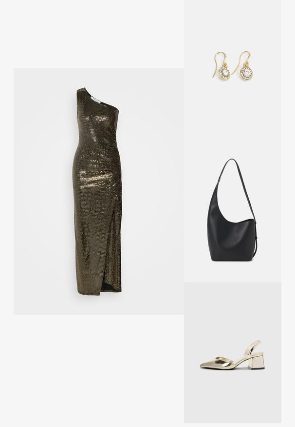 Dámske šaty s jedným ramienkom v metalickej zlatej farbe, s priliehavým strihom, textúrované malými flitrami, s bočným rozparkom a elegantným dizajnom.; Zlaté kovové lodičky na podpätku so špicatou špičkou a robustným podpätkom. Hladký povrch, minimalistický dizajn a úzka remienok.; Čierna kožená hobo taška so hladkou textúrou, zakriveným tvarom a jedným nastaviteľným popruhom; má široké otvorenie na vrchu.; Náušnice zlatého odtieňa s oválnymi čírymi kryštáli obklopenými menšími čírými kameňmi, s háčikovým dizajnom pre bezpečné nosenie.