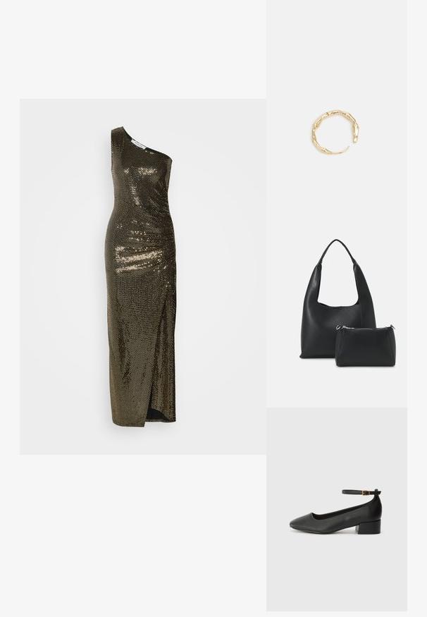 Robe métallique dorée à une épaule avec une silhouette ajustée, texturée de petites sequins, présentant une fente sur le côté et un design élégant.; Escarpin en cuir noir avec un bout pointu et un petit talon bloc. Doté d'une bride de cheville avec une boucle dorée. Texture lisse.; Even&Odd Sac à main - black; Bague en or ornée d'un design organique et torsadé, avec une texture lisse et des extrémités effilées, créant une apparence moderne et sculpturale.