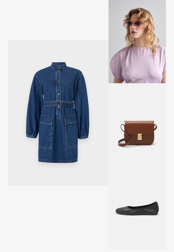 Denimkjole med krave, frontlukning med knapper, indsnævret talje med bælte, lange puffede ærmer og to frontlommer. Mørkeblå farve.; Sort læderballetsko med rund tå, glat tekstur, minimal syning og et fleksibelt såldesign.; Rosa farvede solbriller med en geometrisk ramme, parret med en blød lavendel top med rund halsudskæring og korte ærmer.; Brun læder håndtaske med flaplukning, hardware i gyldent tone, en skulderrem og en glat overflade. Kompakt rektangulær form.