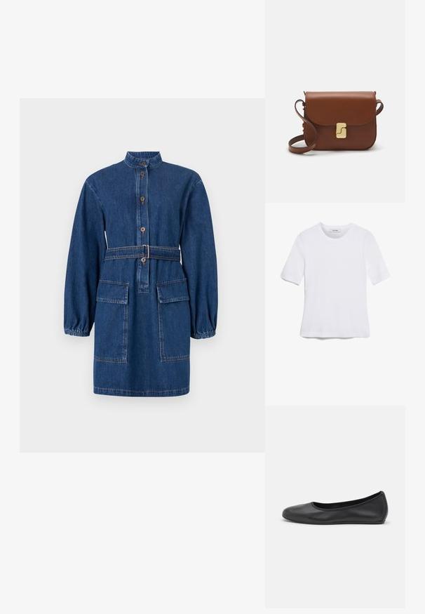 Teksasese kleit kaelusega, ees nupuga kinnitamine, vöökohal vöö, pikad puhvitud varrukad ja kaks eesmist taskut. Tume sinine värv.; Valge lühikeste varrukatega T-särk ribatud kangast. Ümara kaelusega, tavalisest sobivusest ja peente õmbluse detailidega. Ilma mustrite või graafikateta.; Musthave mustika tantsutossud mustast nahast, ümmarguse varbaga, siledast tekstuurist, minimaalse õmblusdetailiga ja paindliku tallakujundusega.; Pruunist nahast käekott, millel on klapiga sulgur, kuldne riistvara, õlarihm ja sile tekstuur. Kompaktne ristkülikukujuline vorm.