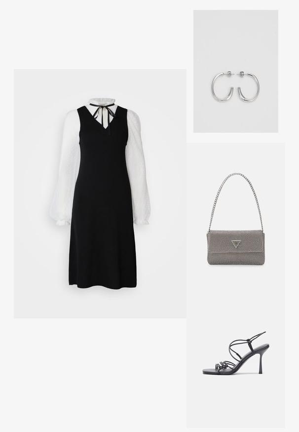 Rochie neagră cu decolteu în V, corp fără mâneci și mâneci lungi pufoase albe. Prezintă un guler volanat și un detaliu din panglică neagră.; Sandale negre cu toc înalt au curele subțiri cu un design legat, un vârf pătrat neted și un toc stiletto elegant.; Geantă metalică gri deschis, cu un strap din lanț, decorată cu mici ținte circulare metalice și un logo de marcă triangular.; Cercei creole din argint cu suprafață netedă și lucioasă, având o formă curbată și închidere cu tija. Design minimalist cu un finisaj modern.