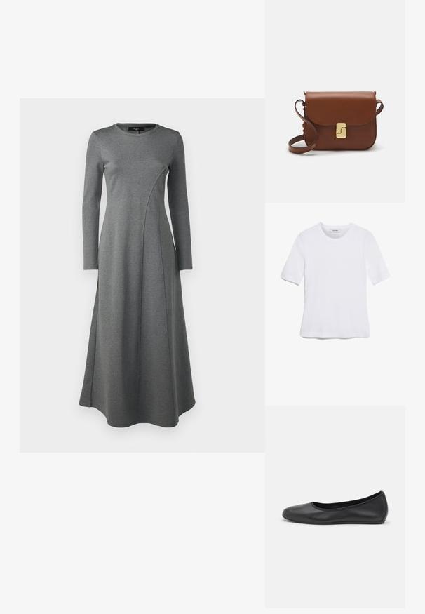 Pikad varrukad hall kleit, mis on valmistatud pehmest ja venivast materjalist. Omab ümarat kaelust ja kumerate õmblustega detailimist ees.; Valge lühikeste varrukatega T-särk ribatud kangast. Ümara kaelusega, tavalisest sobivusest ja peente õmbluse detailidega. Ilma mustrite või graafikateta.; Musthave mustika tantsutossud mustast nahast, ümmarguse varbaga, siledast tekstuurist, minimaalse õmblusdetailiga ja paindliku tallakujundusega.; Pruunist nahast käekott, millel on klapiga sulgur, kuldne riistvara, õlarihm ja sile tekstuur. Kompaktne ristkülikukujuline vorm.