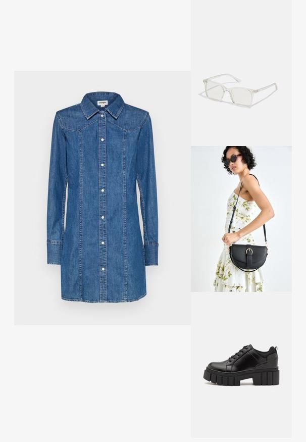 Denim ingruha, gallérral, hosszú ujjakkal és elöl gombos záródással. Kontrasztos varrásokkal és mellrész varrással rendelkezik.; Fekete bőr platform cipők vaskos blokk sarkakkal, kerek orral és hagyományos fűzős kialakítással. Simára csiszolt felület és minimális részletezés jellemzi.; Átlátszó műanyag négyzet alakú szemüveg, áttetsző lencsékkel, arany díszítéssel a szárakon a fokozott részletekért.; Fekete bőrtáska ívelt formával, levehető pánttal és arany színű fémrészekkel. A táskán egy csattal díszített fedél található.