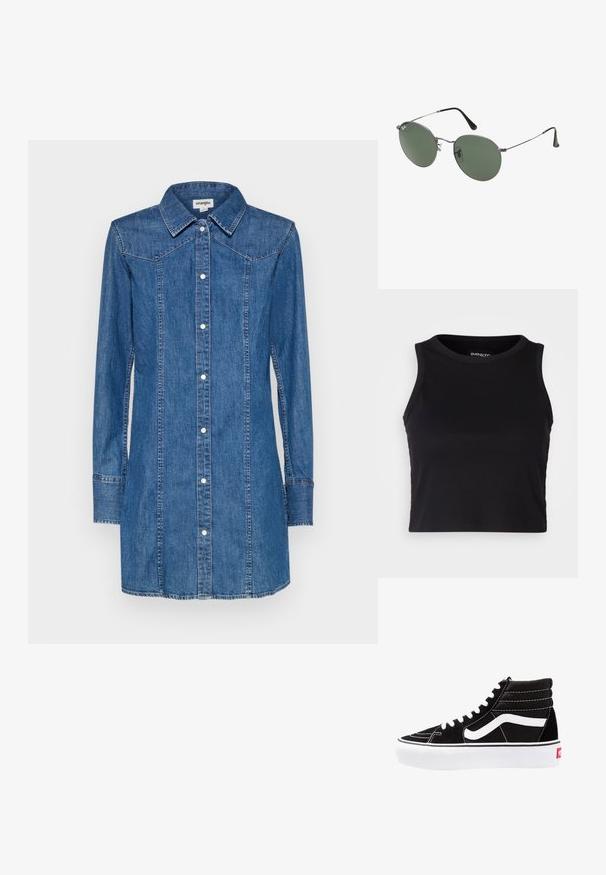 Denim ingruha, gallérral, hosszú ujjakkal és elöl gombos záródással. Kontrasztos varrásokkal és mellrész varrással rendelkezik.; Fekete bordás crop tank top kerek nyakkivágással és ujjtalan dizájnnal. Puha, rugalmas anyagból készült, tiszta, lekerekített szélű részletekkel.; Fekete magasszárú sportcipők fehér fűzővel, fehér logóval és kontrasztos fehér varrással. Vastag fehér talppal és texturált velúrból készült felsőrész jellemzi.; Fémkeretes napszemüveg ovális zöld lencsékkel. Vékony ezüst színű fémkeret és fekete fülrész. Minimalista dizájn, látható logók nélkül.