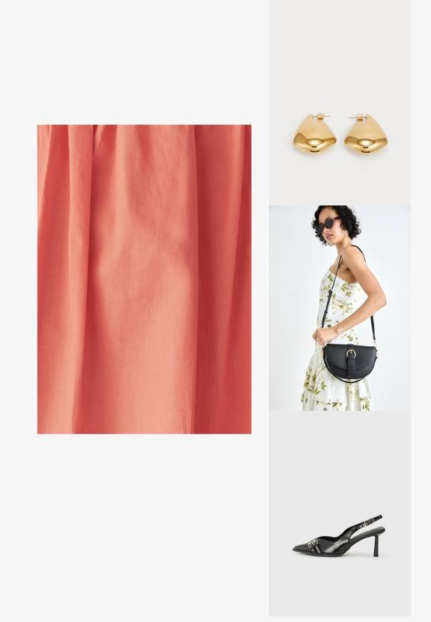 Pfirsichfarbenes Gewebe mit einer glatten Textur, das sanft geraffte Drapierungen aufweist, die eine fließende Optik erzeugen.; Schwarzer Lackleder Slingback-Schuh mit spitzem Zehenbereich, Knöchelriemen mit silbernen Schnallen und Beschlägen sowie einem schlanken Absatz.; Schwarze Lederhandtasche mit geschwungener Form, abnehmbarem Tragegurt und goldenen Beschlägen. Die Tasche verfügt über einen Deckel mit einer Schnallen-Details.; Goldfarbene Metallohrringe in einer glatten, abgerundeten dreieckigen Form mit Steckverschluss; reflektierende Oberfläche mit minimaler Detailarbeit.