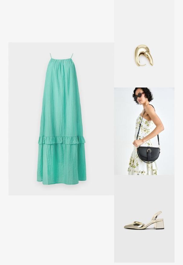 En lang, lys teal kjole med en krøllet tekstur, som har tynne stropper og en volangkant nederst for ekstra detaljer.; Gull, metallisk slingback-hæler med spiss tå og chunky hæl. Glatt tekstur, minimalistisk design og en smal stropp.; Svart lærveske med en buet form, avtagbar stropp og gullbeslag. Vesken har et klaff med spenne-detall.; Gullfarget metalløredobber med et elegant, buet design. Har en karakteristisk spiss form, polert overflate og hengsel-lukking.