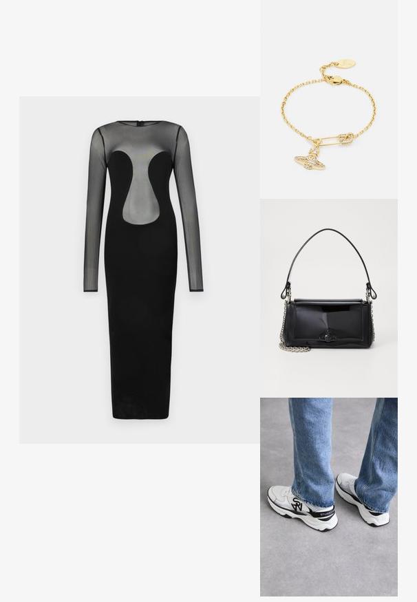 Melna kleita ar garām piedurknēm, kurai ir caurspīdīgs korpuss ar ģeometrisku izgriezumu. Svārki ir pieguļoši, izgatavoti no viendabīgas melnas auduma.; Balti un pelēki sporta apavi ar strukturētu sietu augšu, melnā krāsā akcenti un izteikts logotips sānos un papēžos, apvienoti ar ziliem džinsiem.; Melnas lakotas ādas rokassomi ar taisnstūra formu, ķēdes siksnu un izteiksmīgu metāla aksesuāru centrā. Gluda tekstūra.; Zelta tonis apro, kas izgatavota ar ķēdes dizainu, rotāta ar drošības adatu piekariņu un spīdošu lentes detaļu. Iekļauts aizdare un logotipa tags.