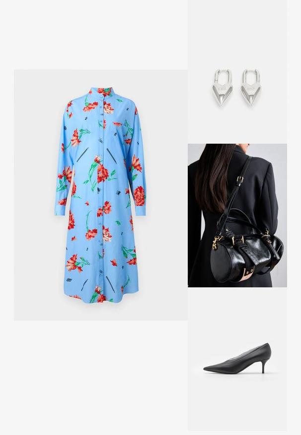 Svetlomodré šaty s dlhými rukávmi, kvetinový vzor v červenej a zelenej farbe, zapínanie na gombíky vpredu, golier a potlačené detaily ako perá a motýle.; Čierna lodička s ostrou špičkou, vyrobená z hladkej kože. Má štíhlý opätok a minimalistický dizajn bez viditeľných ozdôb.; Čierna kožená kabelka s zaobleným tvarom, so zlatými kovovými doplnkami a nastaviteľnými popruhmi. Prvky štruktúrovanej čiernej kože a béžové detaily.; Strieborné zámky v tvare srdca so vygravírovanými nápismi "ÁNO" a "NIE", leštený povrch, symetrický dizajn a robustný kovový uzáver.