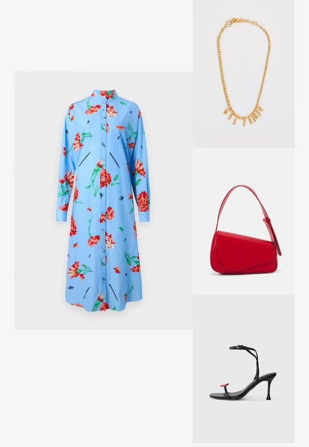 Heled sinine kleit pikka varrukatega, lilleline muster punaste ja roheliste toonidega, nööpidega esiosa, krae ning trükitud detailid, nagu pliiatsid ja liblikad.; Mustade kontsatega sandaalid õhukese pahkluu rihmaga ja punase aktsendiga varvaste juures. Omab üldiselt peent disaini ning läikivat viimistlust koos stiletto kontsaga.; Punane nahast käekott, millel on nurkadega geomeetriline disain. Omab ühte reguleeritavat rihma ja klappidega sulgemist, millel on õmblustega kaunistused.; Kuldne kettkaelus, millel on ripatsitähed, mis koosnevad sõnast "MOSCATO". Ühtlane pind, millel on konksuga sulgur ja erineva suurusega lingid.