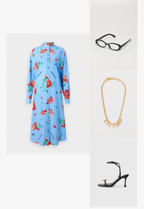 Svetlomodré šaty s dlhými rukávmi, kvetinový vzor v červenej a zelenej farbe, zapínanie na gombíky vpredu, golier a potlačené detaily ako perá a motýle.; Čierne sandále na vysokom opätku s tenkým popruhom okolo členka a červeným akcentom na prstoch. Majú elegantný dizajn a lesklý povrch s nápadným opätkom.; Oválne čierne okuliare s priehľadnými šošovkami, s hladkým povrchom a širokými stranami. Šošovky majú jemný fialový odtieň. Logo na boku.; Zlatý náhrdelník s príveskom v tvare písmen, ktoré tvoria slovo "MOSCATO." Hladký povrch s karabínkovým zapínaním a článkami rôznych veľkostí.