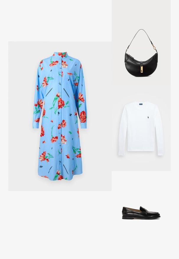 Jasnoniebieska sukienka z długimi rękawami, w kwiatowy wzór w czerwono-zielone odcienie, z zapięciem na guziki z przodu, kołnierzykiem oraz nadrukowanymi detalami takimi jak długopisy i motyle.; Biała koszula z długim rękawem, wykonana z bawełny, okrągły dekolt, z małym granatowym logo na lewej piersi. Prosty wzór, standardowy krój.; Czarne skórzane mokasyny z okrągłym noskiem, łatwe do zakładania, z subtelnymi przeszyciami wzdłuż cholewki. Płaska gumowa podeszwa.; Czarna skórzana torebka w kształcie półksiężyca. Ma złote akcenty i wąski pasek. Gładka tekstura, zamek błyskawiczny na górze.