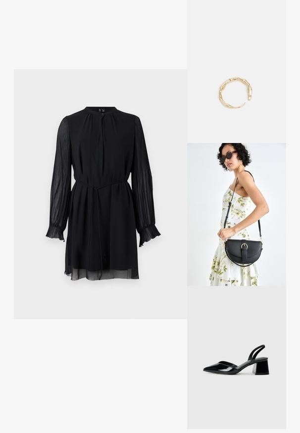 Črna obleka z okroglim izrezom, dolgimi prosojnimi nabranimi rokavi in pasom. Tkanina je gladka, z tekočim silhueto in nabrano konico rokavov.; Črne lakirane slingback pete s koničastim nosom in geometrijsko blokasto peto. Imajo eleganten, minimalističen dizajn in gladko teksturo.; Črna usnjena torbica s ukrivljeno obliko, z odstranljivo naramnico in zlatimi dodatki. Torbica ima pokrov s podrobnostmi v obliki zaponke.; Zlati prstan s organskim, zvitim dizajnom, gladko površino in taperiranimi konci, ki ustvarja modernega, skulpturalnega videza.