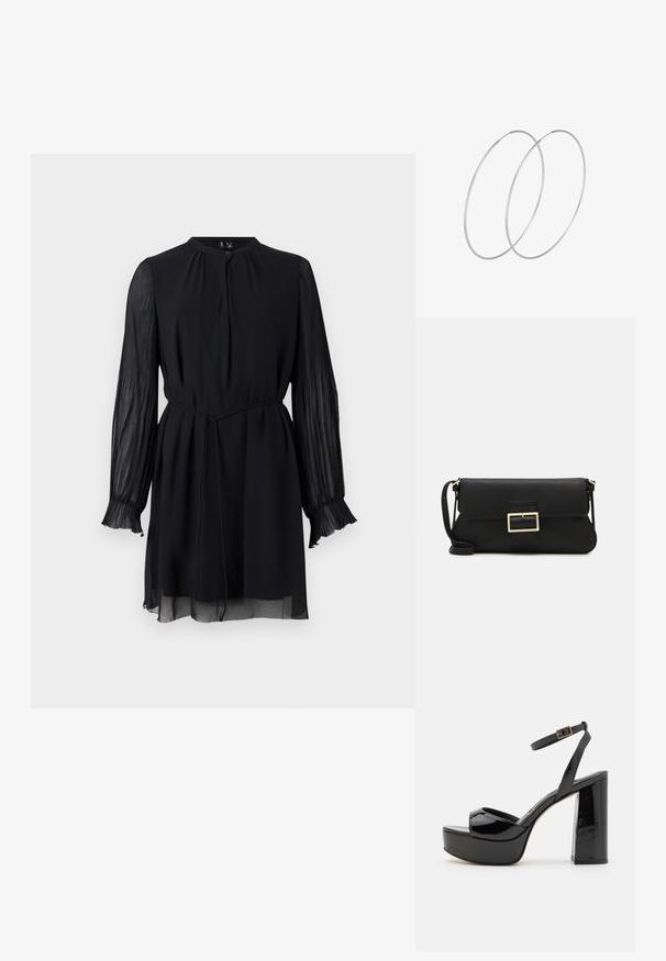 Černé šaty s kulatým výstřihem, dlouhými průhlednými plisovanými rukávy a páskem v pase. Tkanina je hladká, se splývavým střihem a nařasenými manžetami.; Černé lakované sandály na platformě s páskem kolem kotníku, s robustním vysokým podpatkem a designem s odkrytými prsty. Hladký povrch a lesklý finiš.; Černá kožená psaníčko s klopou a zlatým kovovým detailním sponou. Součástí je černý popruh a elegantní, minimalistický design.; Stříbrné kruhové náušnice s minimalistickým designem. Kruh, hladký povrch a tenký profil. Lehká konstrukce s lesklým povrchem.