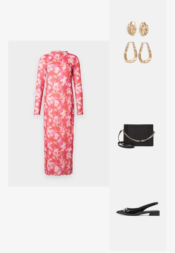 Dlouhá květinová šaty z průsvitné růžové tkaniny, s vysokým výstřihem, dlouhými rukávy a zvlněným spodním lemem, se živým vzorem růžových a bílých květin.; Černé lakované kožené nazouvací boty s špičatou špičkou, stříbrnými detaily a nízkým blokovým podpatkem. Hladký, lesklý povrch po celé délce.; Černá kožená crossbody taška s hladkým povrchem, obdélníkovým tvarem a kovovým řetízkem na přední straně. Součástí je nastavitelný popruh.; Náušnice ve zlatém tónu s texturovanými, vlnitými tvary. Obsahují sochařské klipy a design otevřeného kruhu s kladivkovým povrchem.