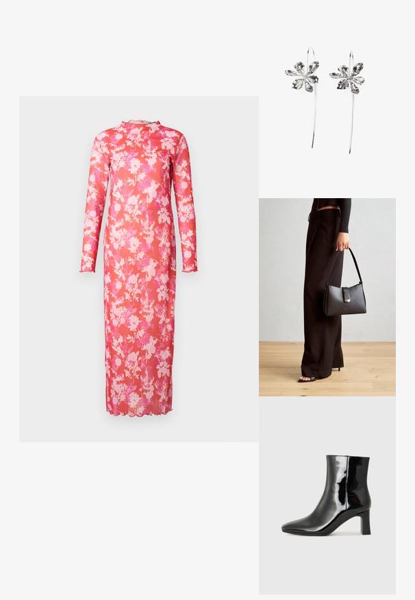 Lang floral kjole i gennemsigtigt pink stof, med høj halsudskæring, lange ærmer og scalloped kant, samt et livligt mønster af pink og hvide blomster.; Sort lakeret ankelstøvle med spids tå og en midt-højde blokhæl. Glat tekstur og minimalistisk design.; Sort håndtaske med struktureret form, glat overflade og metalspænde. Sammen med brede sorte bukser og sandaler med åben tå på trægulv.; Sølvringe formet som blomster med en struktureret overflade, der har lange kroge og kronblad-lignende detaljer for et indviklet design.