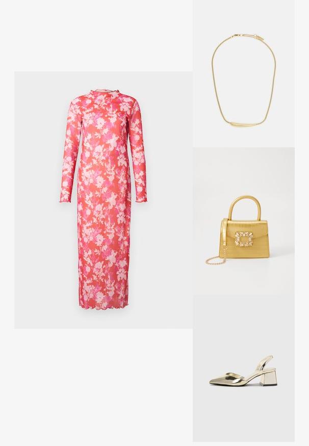 Lang floral kjole i gennemsigtigt pink stof, med høj halsudskæring, lange ærmer og scalloped kant, samt et livligt mønster af pink og hvide blomster.; Guld, metalliske slingback-hæle med spids tå og kraftig hæl. Glat tekstur, minimalistisk design og en smal strop.; Gul faux-krokodille skuldertaske med struktureret design, top-håndtag, aftagelig kædetraske og dekorativ krystaldekoration på låsen.; Guldplateret halskæde med en glat, buet central aksent. Har en fleksibel kæde med en hummerlås og ekstra justerbare kædelinks.