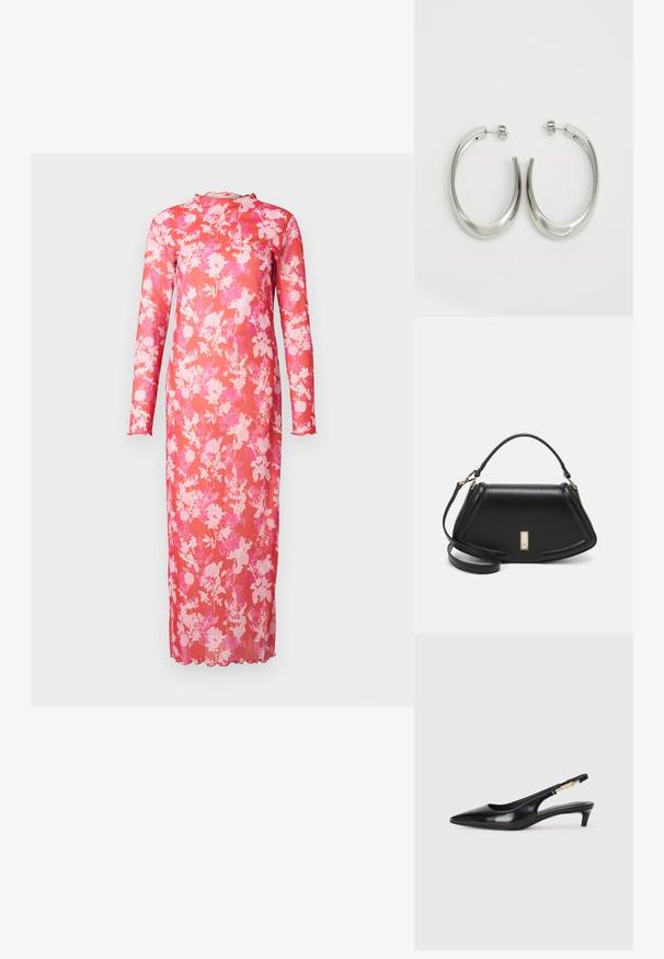 Long floral dress in sheer pink fabric, featuring a high neckline, long sleeves, and scalloped hem, with a vibrant pink and white flower pattern.; Black leather slingback heels with a pointed toe, featuring a slim heel and a gold-tone accent on the adjustable strap. Smooth texture.; Black leather handbag with a structured design, featuring a cropped shape, top handle, and gold hardware accent. Adjustable shoulder strap included.; Silver hoop earrings with a smooth, curved design. Features a shiny metallic finish and stud closure. No visible patterns or accents.