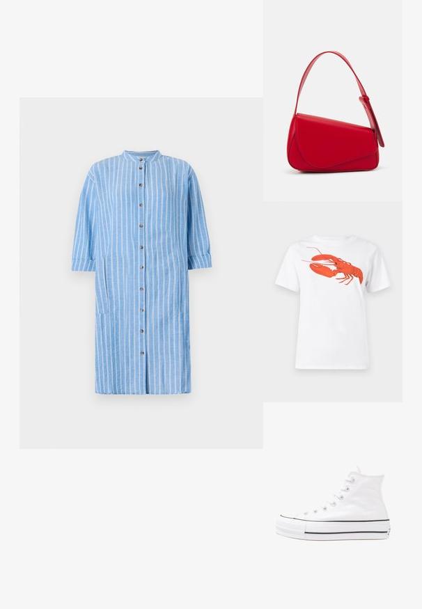 Vestido de camisa de algodão azul claro com riscas verticais brancas, gola redonda, mangas de três quartos e fecho frontal com botões; possui bolsos laterais.; Camiseta de algodão branca com um grande gráfico de lagosta vermelha brilhante na frente. Mangas curtas e design de gola redonda padrão.; Sapatilha alta de tela branca com sola de borracha preta, bico de borracha na frente e seis ilhós para os atacadores, apresentando um design limpo e minimalista.; Bolsa de mão em couro vermelho com um design angular e geométrico. Apresenta uma única alça ajustável e um fecho com aba, com detalhes cosidos.