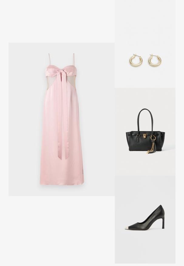 Roosa satiinkleit kitsaste rihmadega, nööridega rindade juures ja läbipaistvate külje lõigete detailidega. Põrandani ulatuv ja sileda tekstuuriga.; Mustast nahast kõrge kontsaga king terava varba ja metallik hõbedase otsikuga. Iseloomustab sile viimistlus ja sihvakas 10 cm konts.; Must musta kott, millel on kahekordsed käepidemed, kuldne lukustus ja kett, ning must-valge tutikate aksessuaar valge tausta ees.; Lauren Ralph Lauren BASIC SMALL HOOP - Kõrvarõngad - gold-coloured