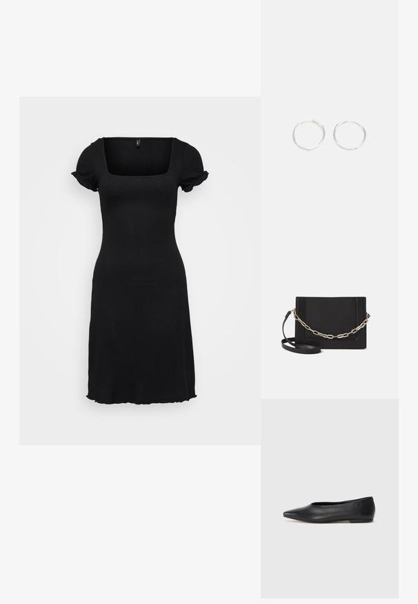 Juodas suknelė su kvadratiniu iškirpimu ir trumpomis pūstomis rankovėmis. Pagaminta iš rauginto audinio, ji turi išplatėjusią apatinę dalį su banguoto kraštu.; Juodas odinis baleto batas, su smailiu pirštu, minimalistinio dizaino, lygiu paviršiumi, žemo profilio kulnu, be matomos aparatūros ar papuošimų.; Juodas odinis per petį nešiojamas krepšys turi lygų paviršių, stačiakampio formą ir metalinę grandinėlę priekyje. Pridedama reguliuojama dirželis.; Sidabrinės auskarai žiedai su sėslia, apvalia forma, pasižymintys lygia paviršiumi ir be matomų puošmenų. Svoris nenurodytas.