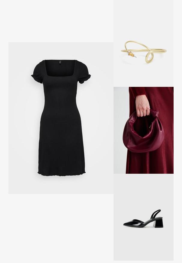 Schwarzes Kleid mit quadratischem Ausschnitt und kurzen Puffärmeln. Hergestellt aus einem gerippten Stoff, hat es einen ausgestellten Saum mit gewellten Kanten.; Schwarze Lackleder-Slingback-High Heels mit spitzem Schuh und einem geometrischen Blockabsatz. Verfügt über ein schlankes, minimalistisches Design und eine glatte Textur.; Burgunderleder-Handtasche mit einem weichen, gerafften Design und einer gerundeten Form. Der Griff ist gesichert und zeigt eine glatte Textur.; Goldfarbener Metallarmreif mit fließendem, geschwungenem Design. Er verfügt an einem Ende über einen kleinen, auffälligen, silberfarbenen Akzent.