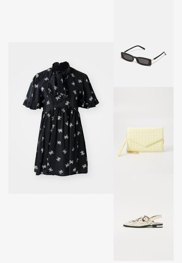 Rochie neagră cu mâneci scurte, ce prezintă modele cu funde albe, accente volan, un guler înalt și o talie strânsă.; Sandale slingback din piele albă cu multiple curele late și catarame argintii; talpă plată cu un mic toc negru și accente metalice.; Ochelari de soare rectangulari negri cu lentile întunecate, rame din plastic lucios și accente aurii pe tample. Design minimalist și formă elegantă.; Poșetă de mână țesută, de culoare galbenă, cu un design cu clapetă, curea detașabilă pentru încheietura mâinii și un accent din lanț auriu. Textură netedă și formă rectangulară.; Cercei cercuri din aur cu un finisaj neted și strălucitor. Design circular cu un mic suport și un spate transparent pentru o purtare sigură.