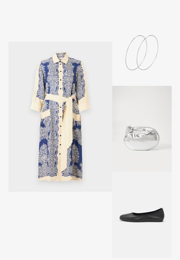Robe chemise à boutons avec une palette de couleurs bleu marine et crème, motifs floraux, pois, manches trois-quarts et une ceinture à la taille.; Ballerines en cuir noir avec un bout rond, texture lisse, détails de couture minimalistes et design de semelle flexible.; Pochette en métal argenté avec une forme douce et arrondie et un fermoir en haut noué. Fabriquée en simili cuir lisse.; Boucles d'oreilles en argent au design minimaliste. Forme circulaire, texture lisse et profil fin. Légères avec une finition polie.